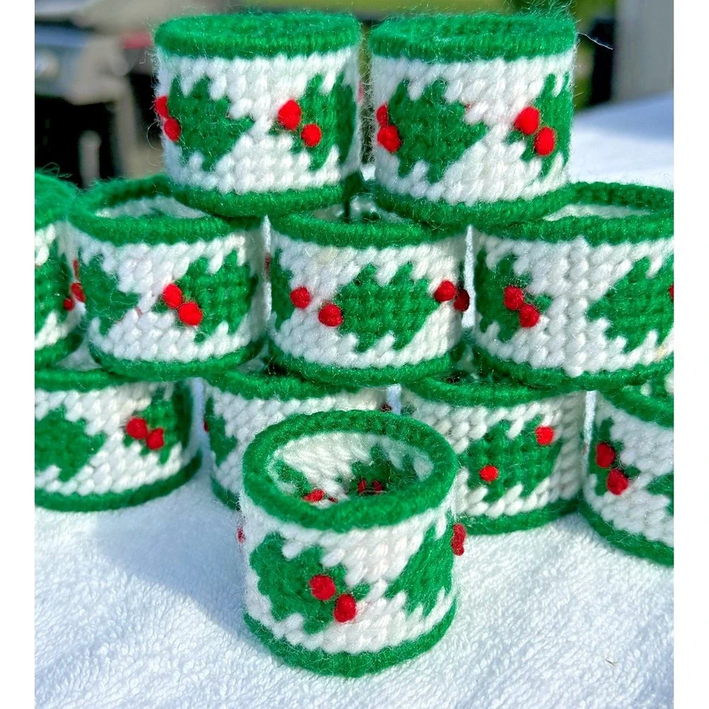 Set of 12 VTG Christmas Holly Berries Needlepoint Napkin Rings Handmade Holiday
